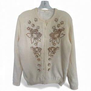 Vintage 1950s Hong Kong-Style Floral Beaded Cream Beaded Cardigan-Wool Size 42